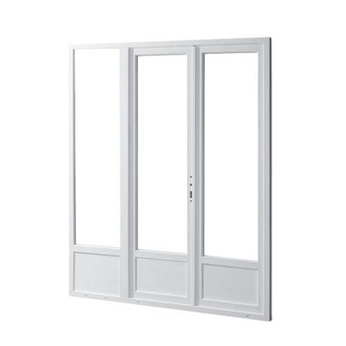 Porte fenêtre PVC 2 vantaux ouverture à la française soubassement avec un latéral fixe