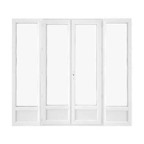 Porte fenêtre PVC 2 vantaux ouverture à la française soubassement avec un latéral fixe de chaque coté